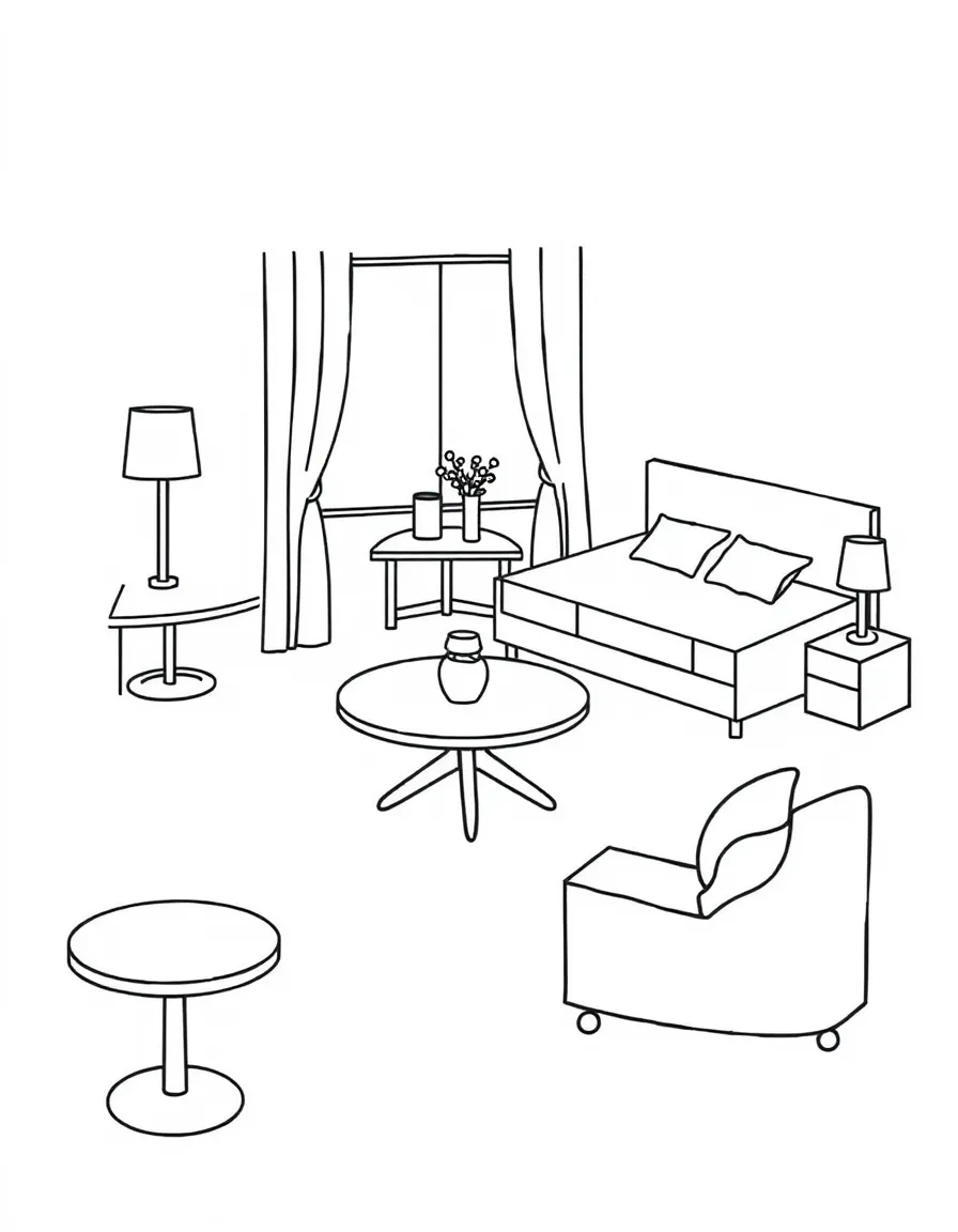 Furniture pieces shown as simplified geometric shapes (circular tables, rectangular beds)