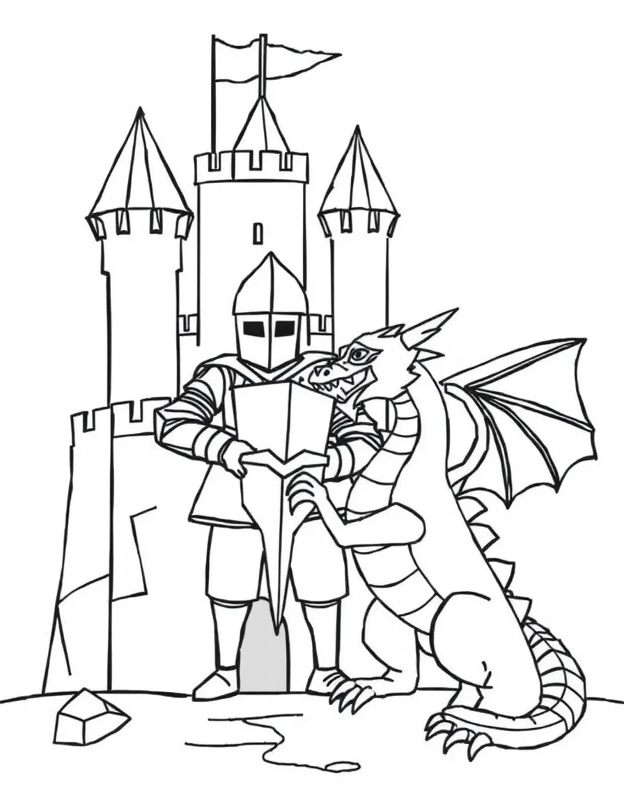 A square knight protecting a castle made of geometric shapes from a dragon made of angular shapes