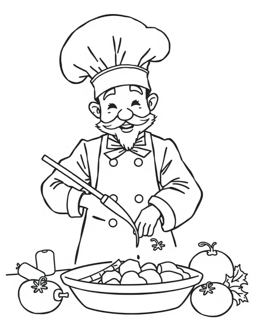 A circular chef preparing a meal using ingredient shapes (carrot cylinders, tomato spheres)