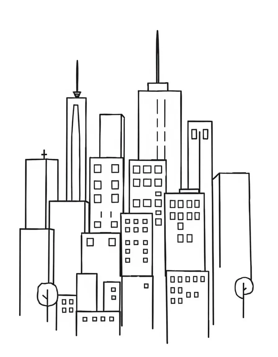 Rectangle and square buildings forming a city skyline with shape characters as residents
