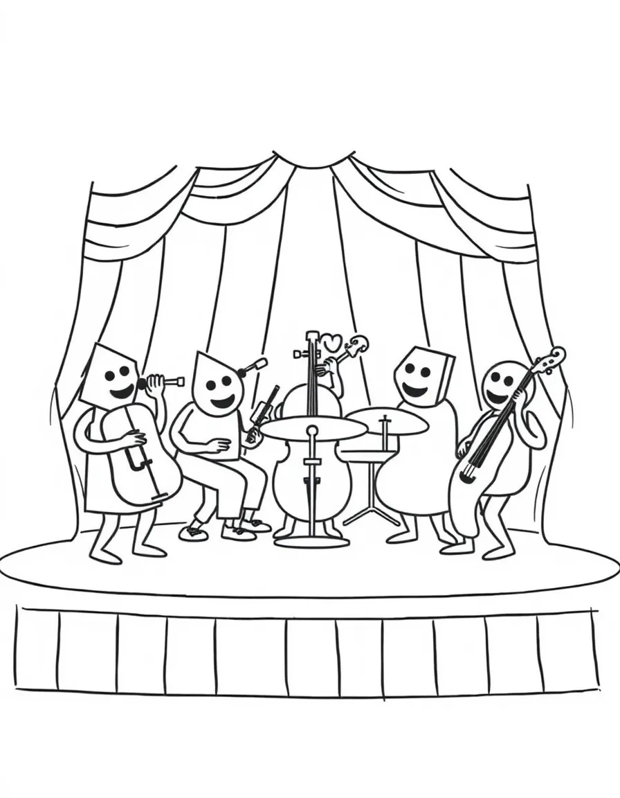 A shape orchestra with instrument-shaped characters performing on a stage