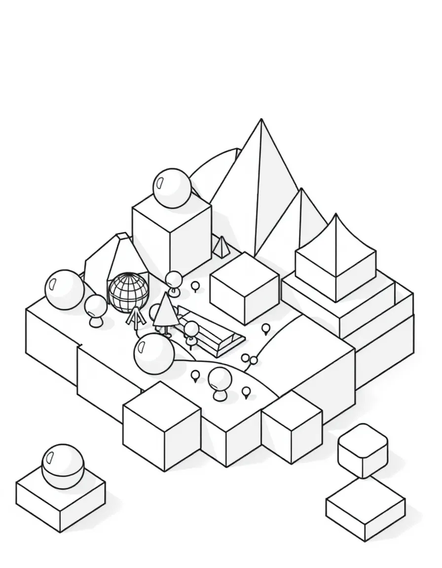 3D shapes (cubes, spheres, pyramids) arranged to create an isometric landscape