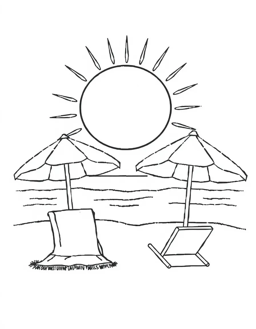 Summer beach scene with a circular sun, rectangular towels, and triangular umbrellas