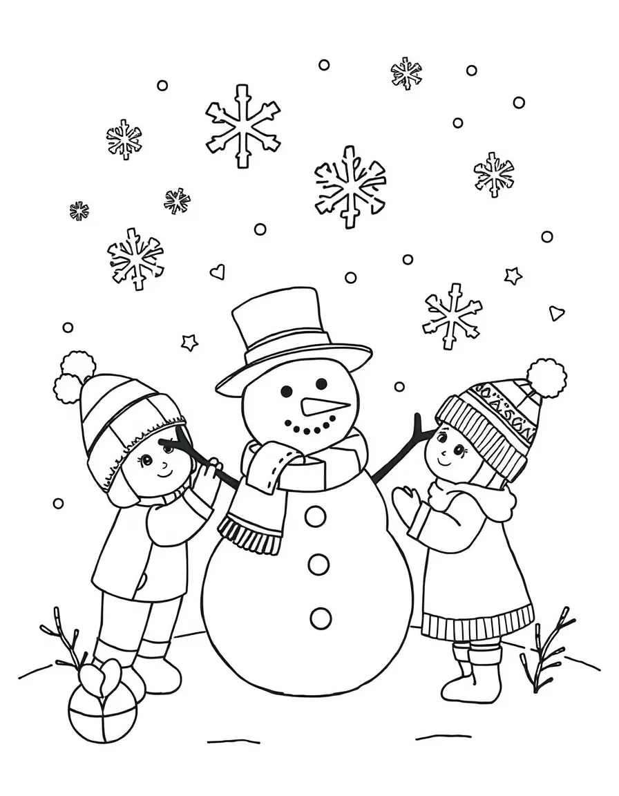 Winter wonderland with geometric snowflakes falling on shape characters building a snowman