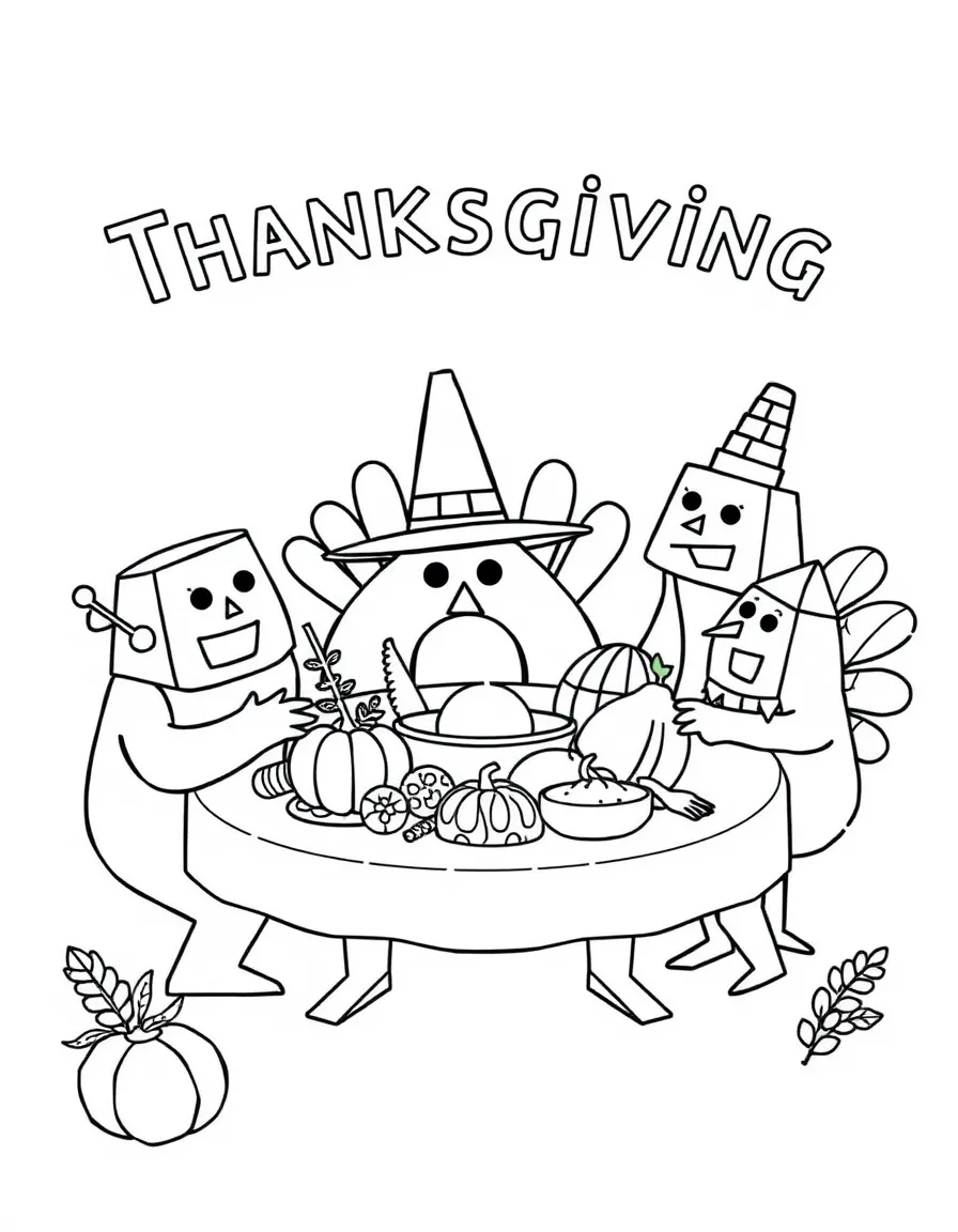 Thanksgiving with shape characters sharing a feast of geometric food items