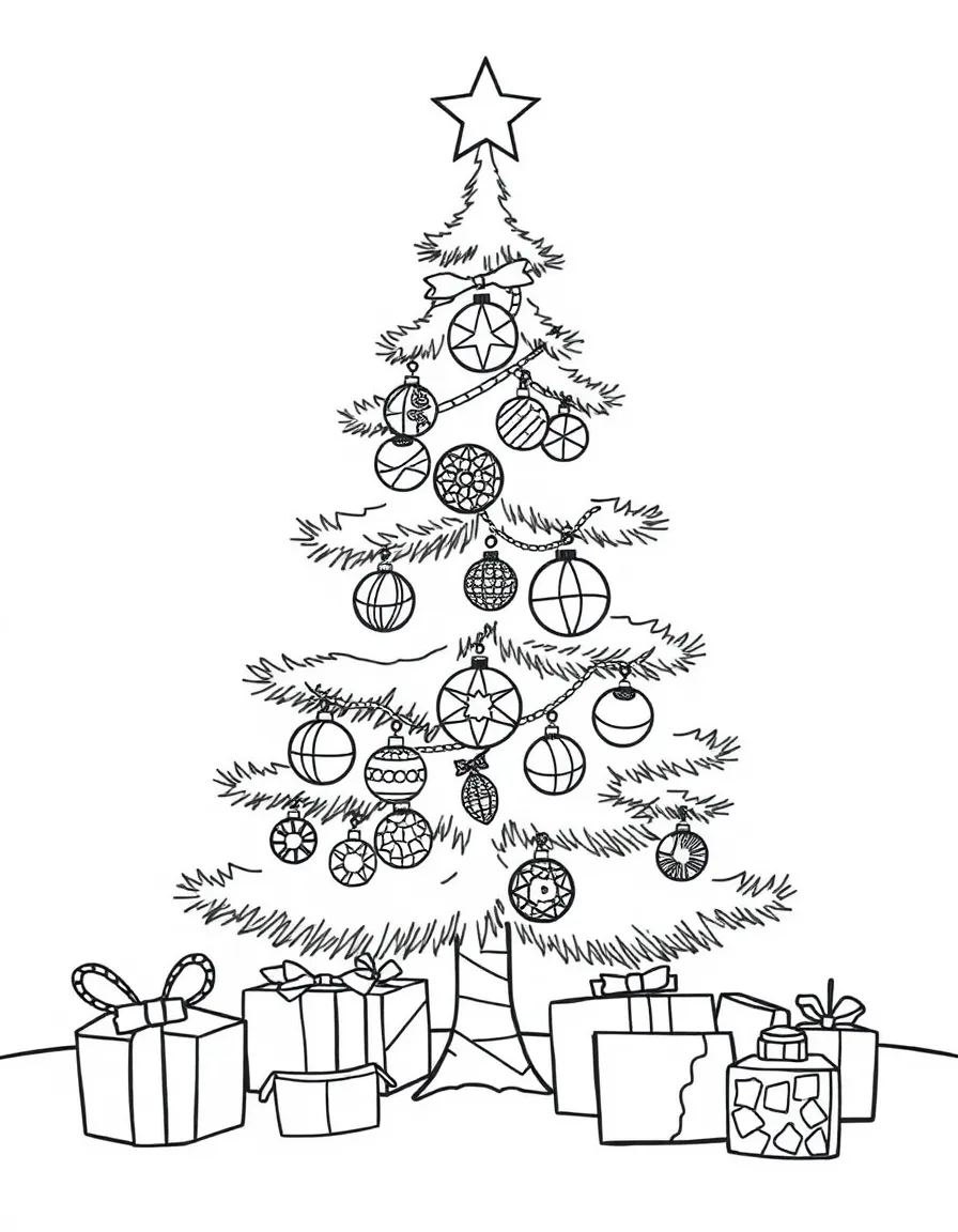 Christmas scene with a triangular tree decorated with various geometric ornaments
