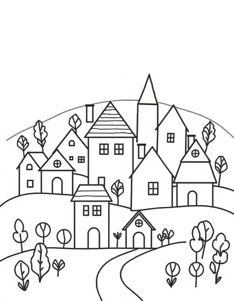 A village of houses each built from different primary shapes