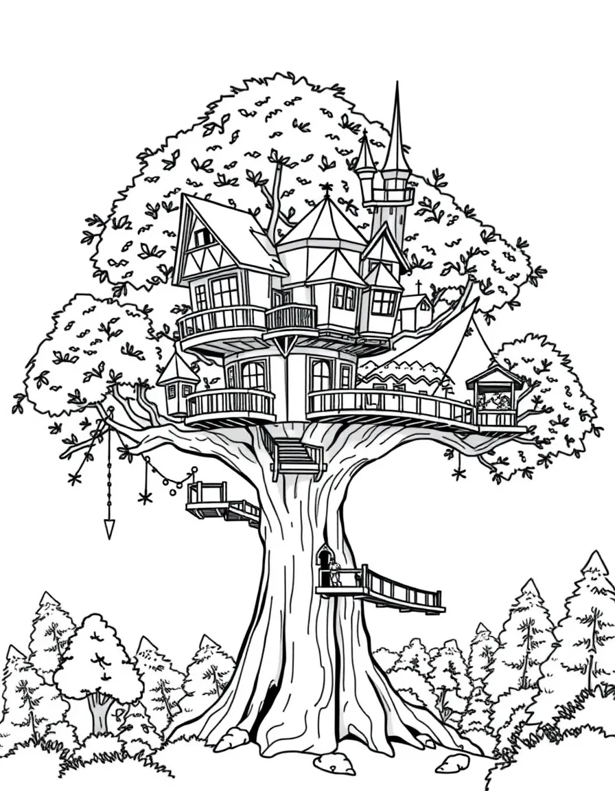 A treehouse complex connected by bridges, built from various geometric forms