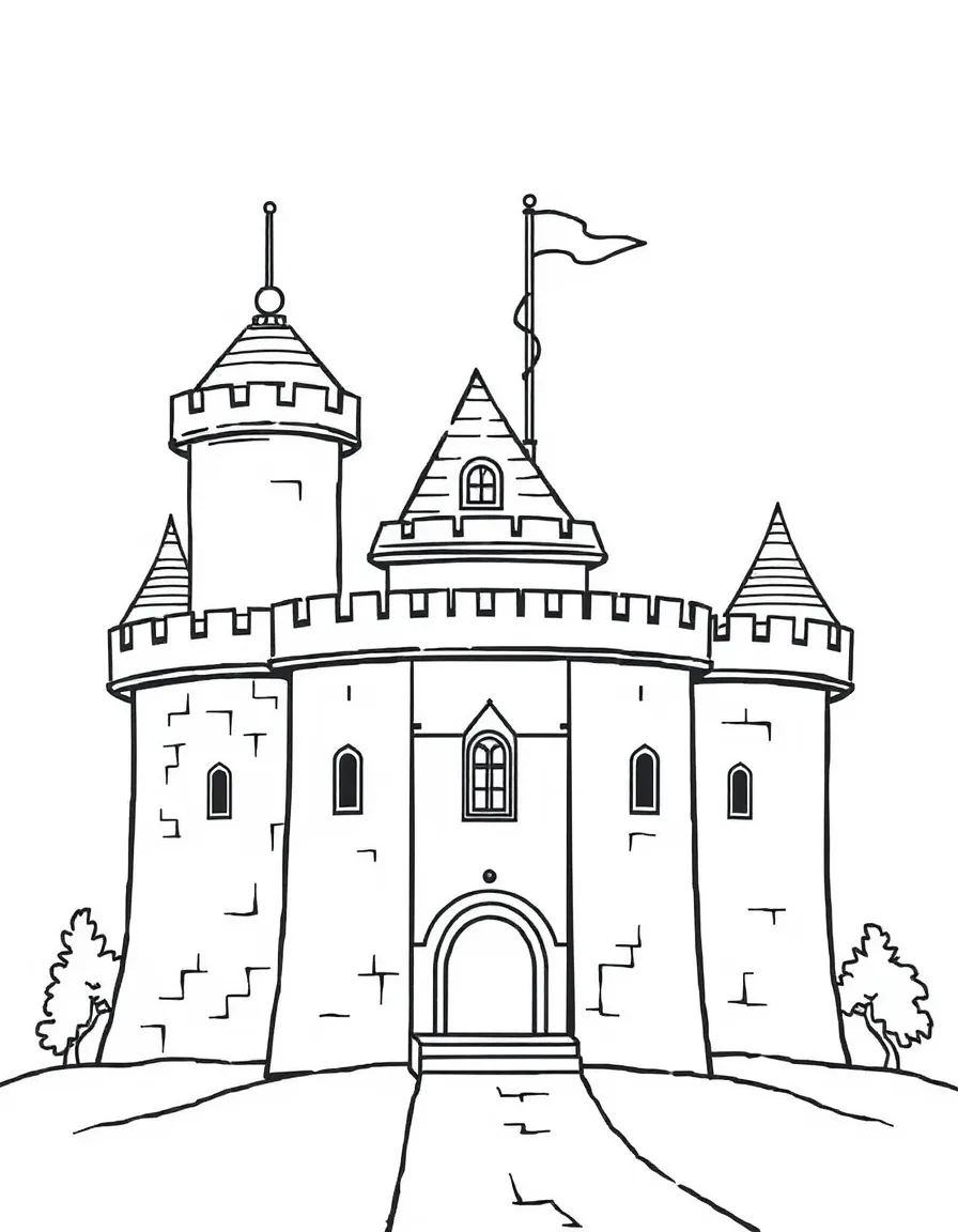 A castle with circular towers, square walls, and triangular flags