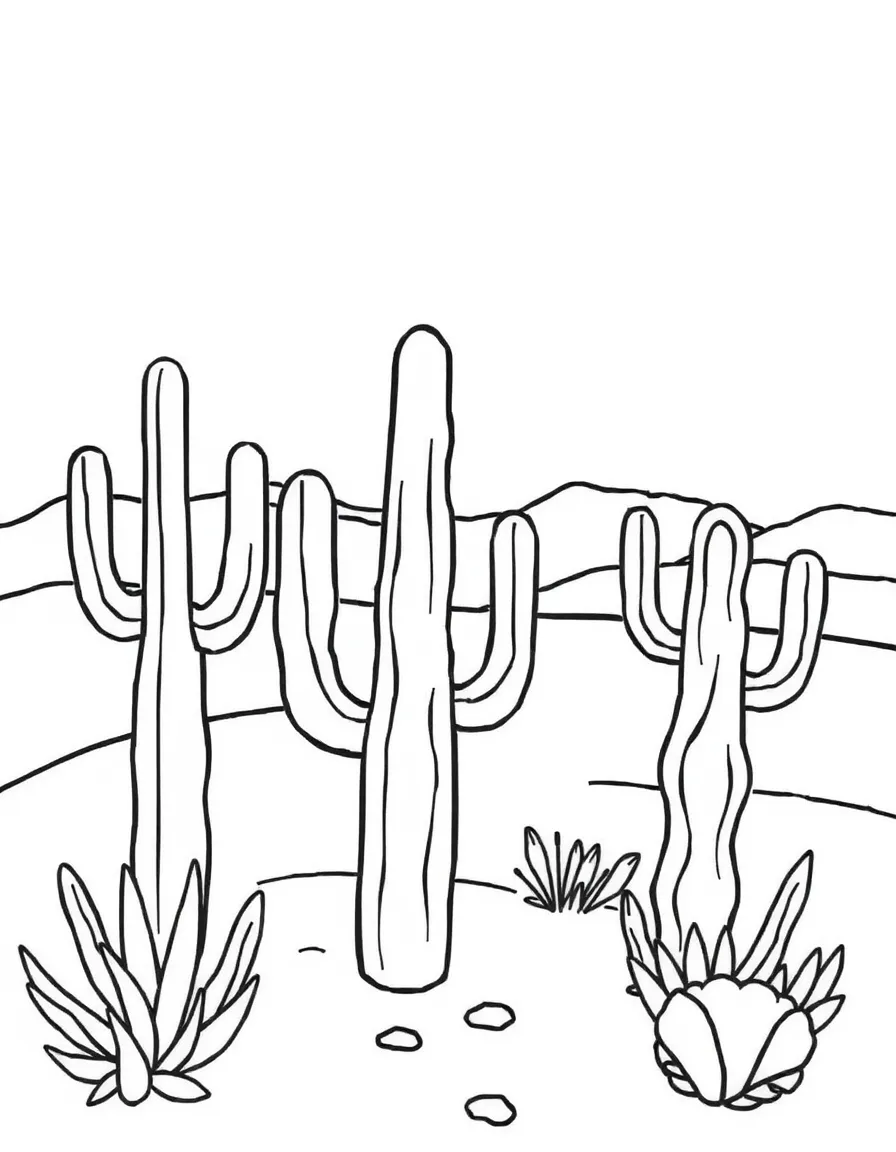 A desert landscape with cacti made from elongated rectangles and oval shapes