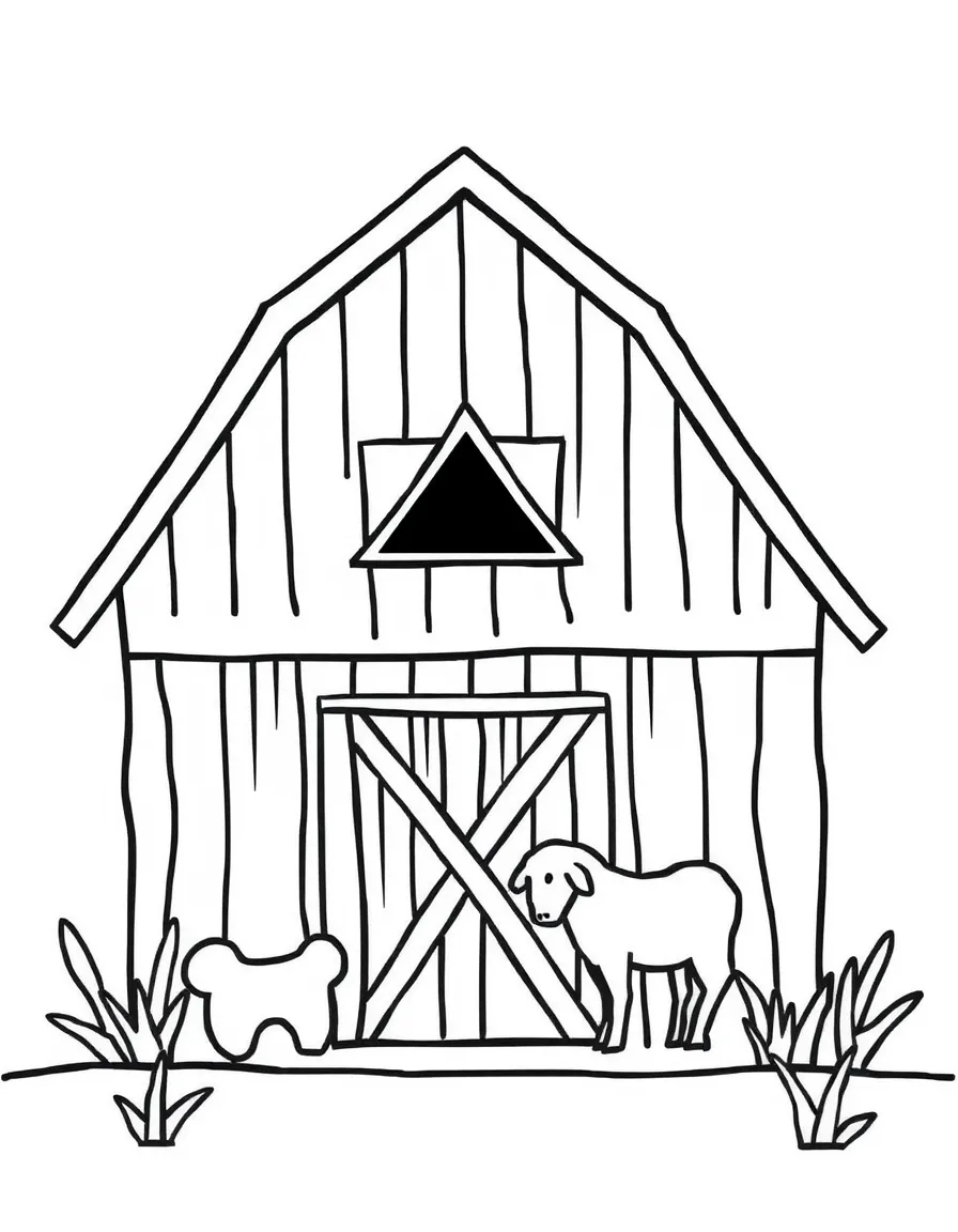 A farm with barn (rectangle with triangle roof) and geometric animal shapes