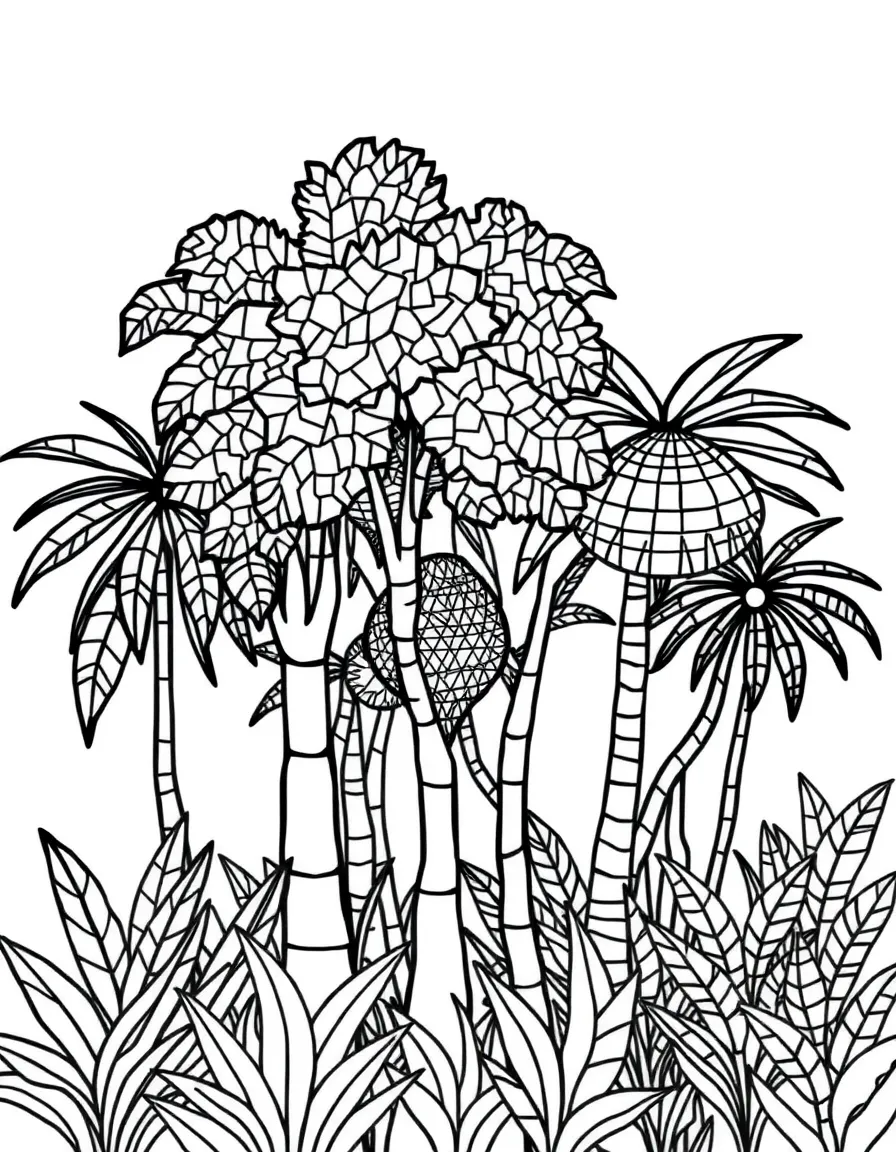 A jungle scene with trees of varying geometric patterns and shapes