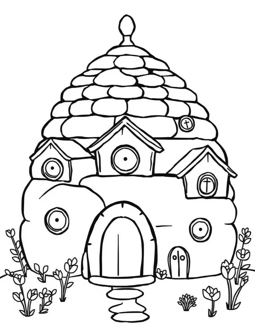 A beehive neighborhood of hexagonal homes with circular doors and windows