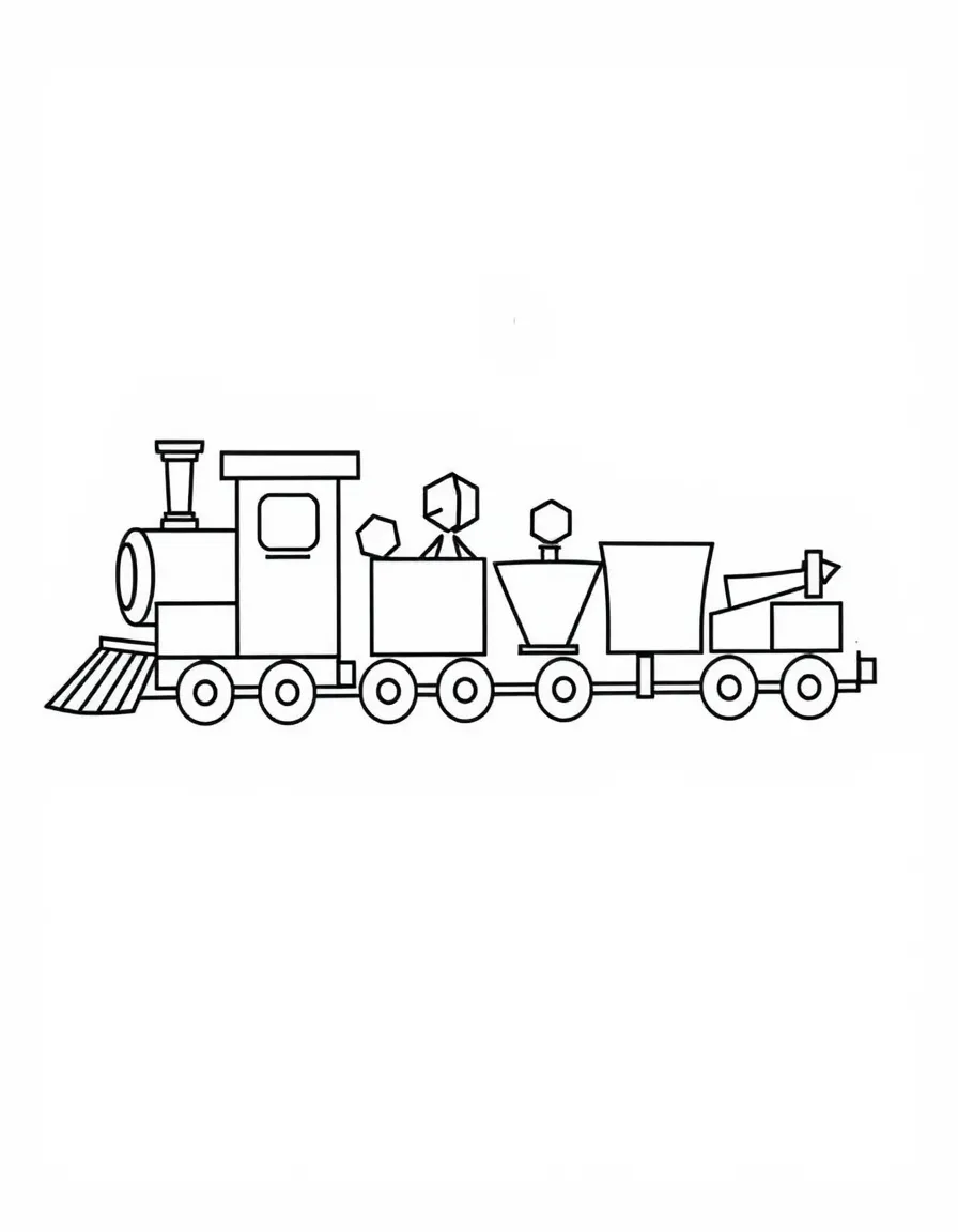 A train of connected geometric shapes carrying smaller shape passengers