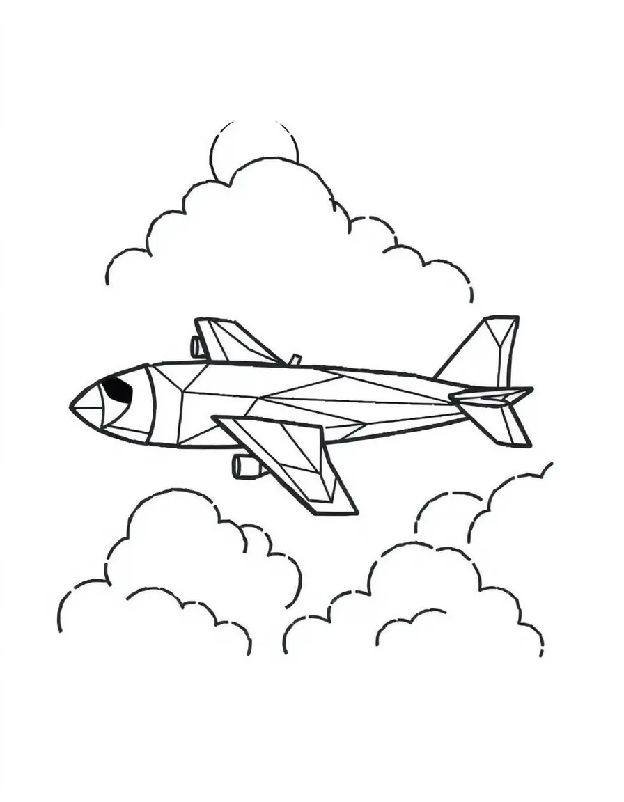An airplane constructed from geometric shapes flying through cloud patterns