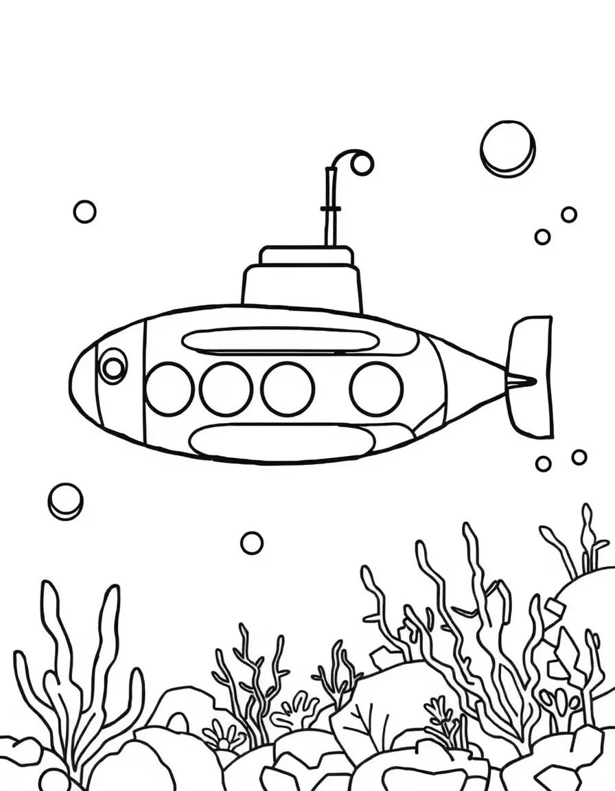 A submarine made of ovals and rectangles exploring an underwater geometric world