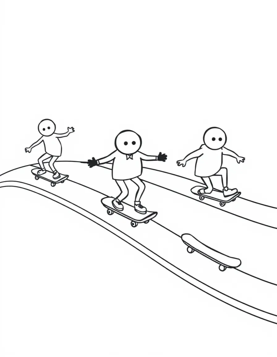 Shape characters riding skateboards along ramps made of curved forms