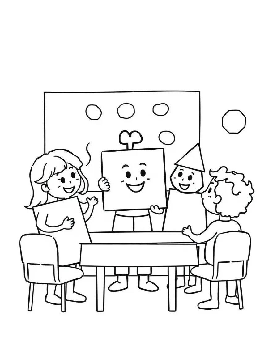 Shape characters in a classroom learning about colors from a square teacher