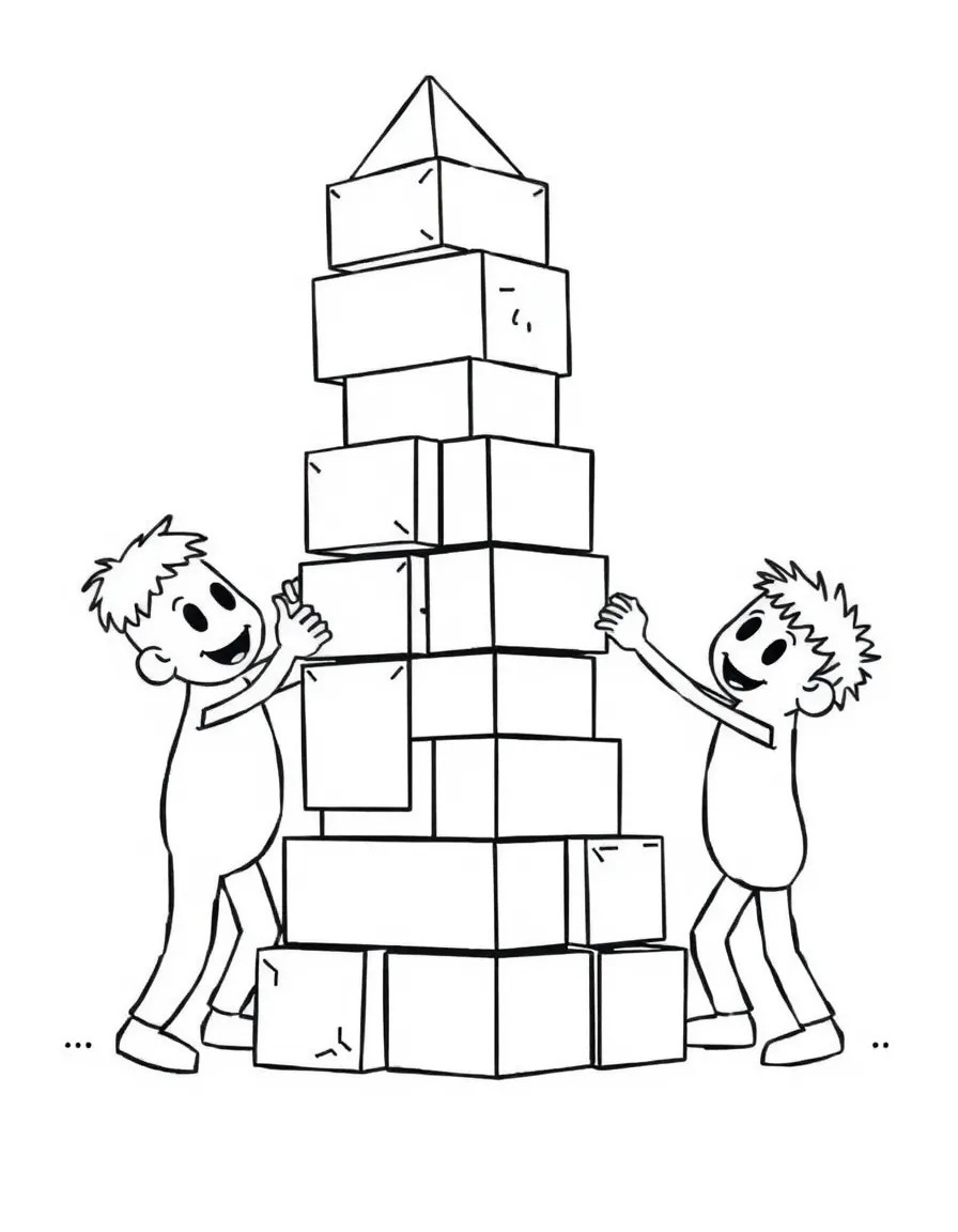 Shape characters building a structure by stacking geometric blocks