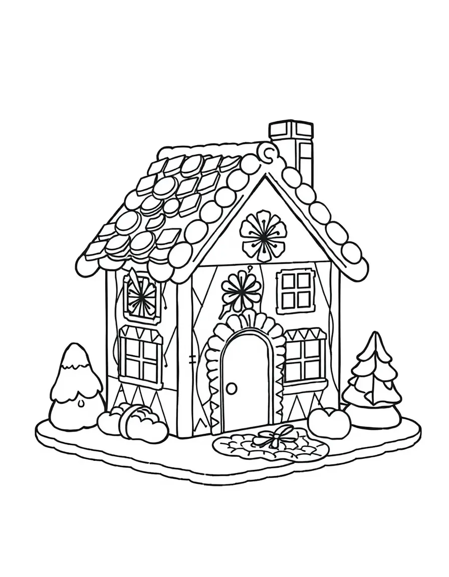 A gingerbread house constructed entirely from geometric shapes and patterns