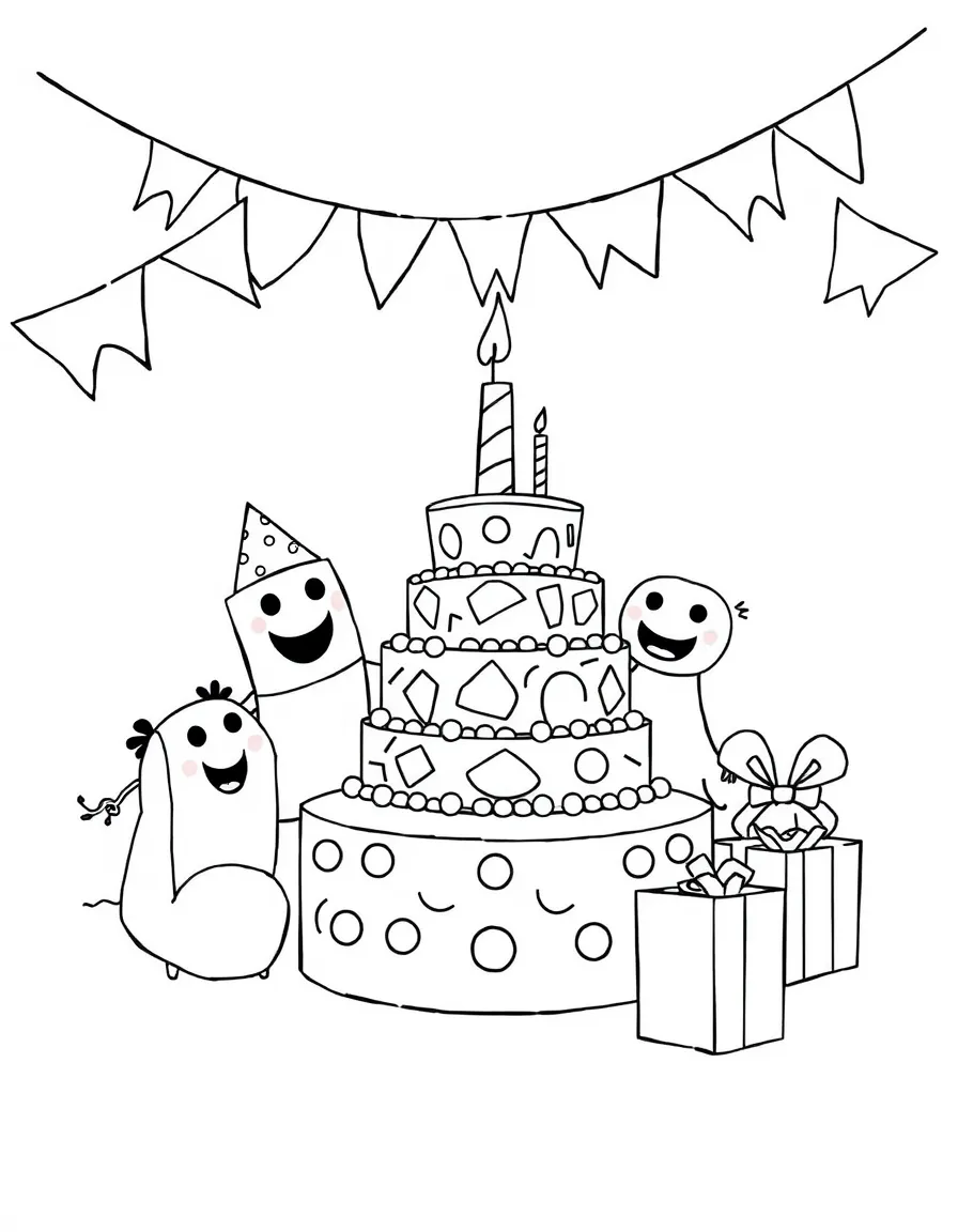A birthday party with shape characters, a cake made of stacked geometric forms, and gift boxes