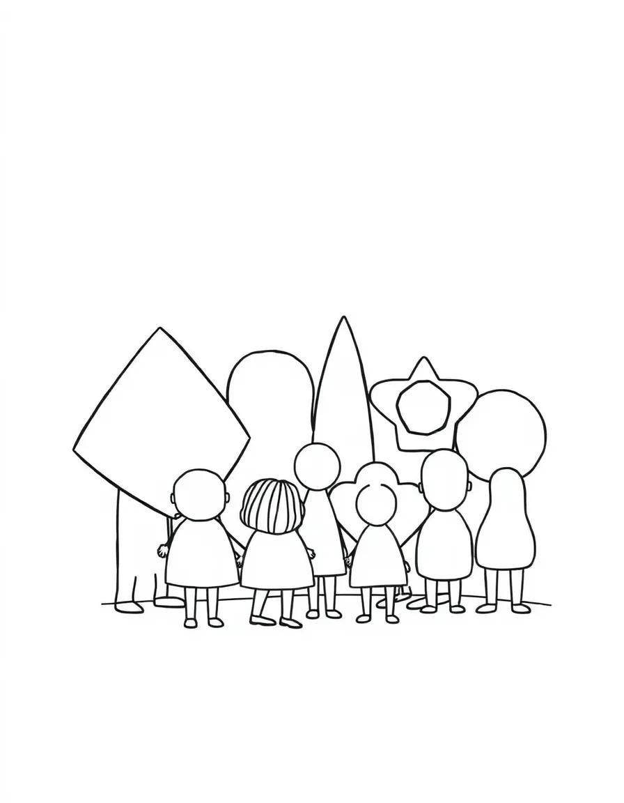 A shape family reunion with related shapes gathering in groups