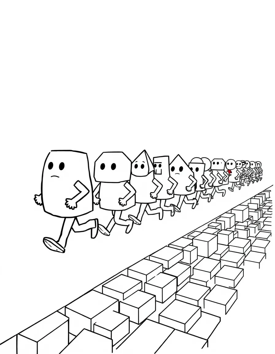 A parade of shape characters marching along a path of pattern blocks