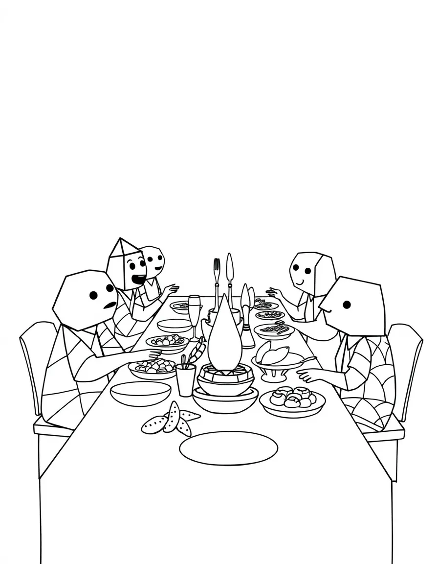 A geometric feast with a long table of shape characters sharing pattern foods