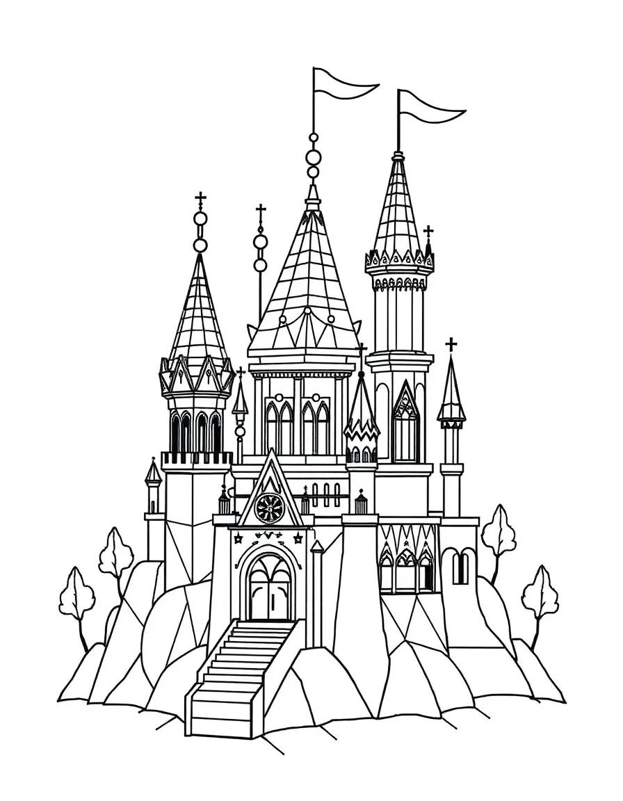 A fairy tale castle constructed entirely from geometric patterns and shapes
