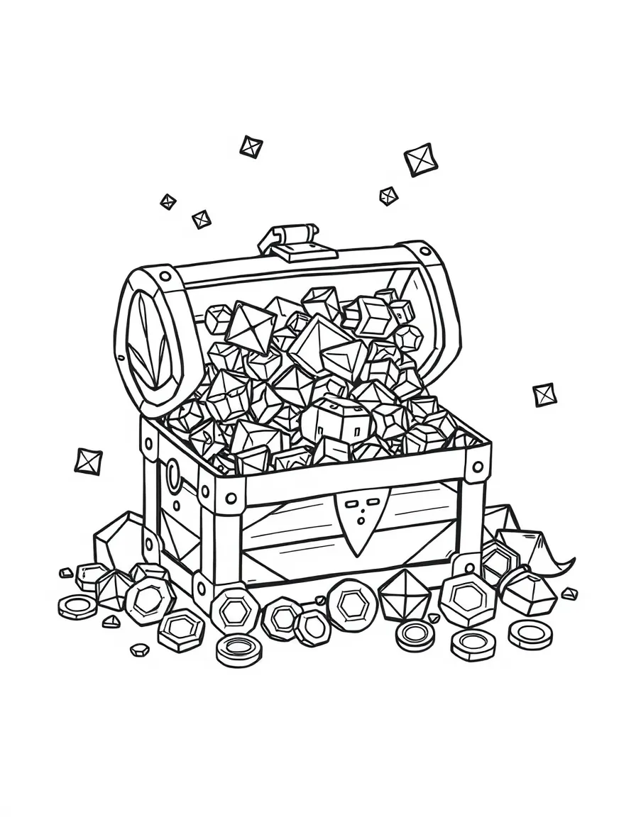 A treasure chest overflowing with geometric jewels and shape coins