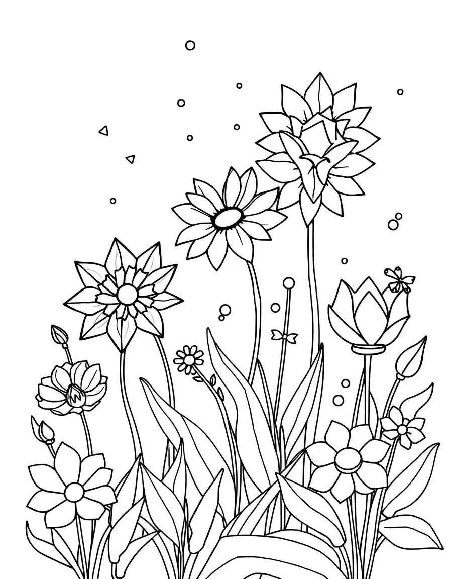 A magical garden where geometric flowers transform into different shapes
