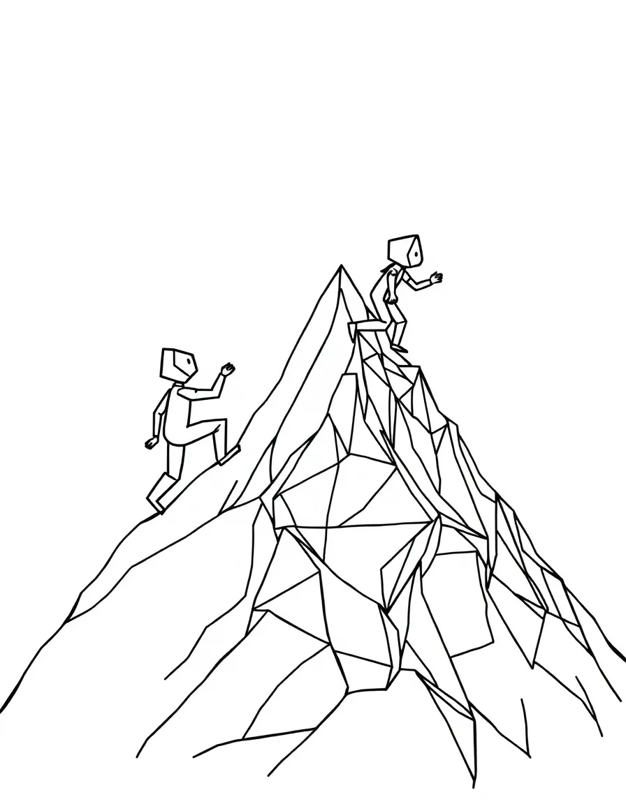 Shape characters climbing a mountain made of increasingly complex geometric forms