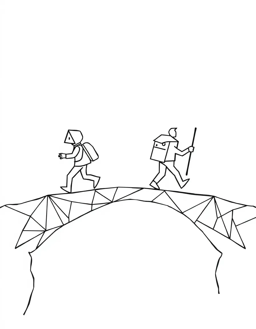 Shape adventurers crossing a bridge made of connected geometric patterns