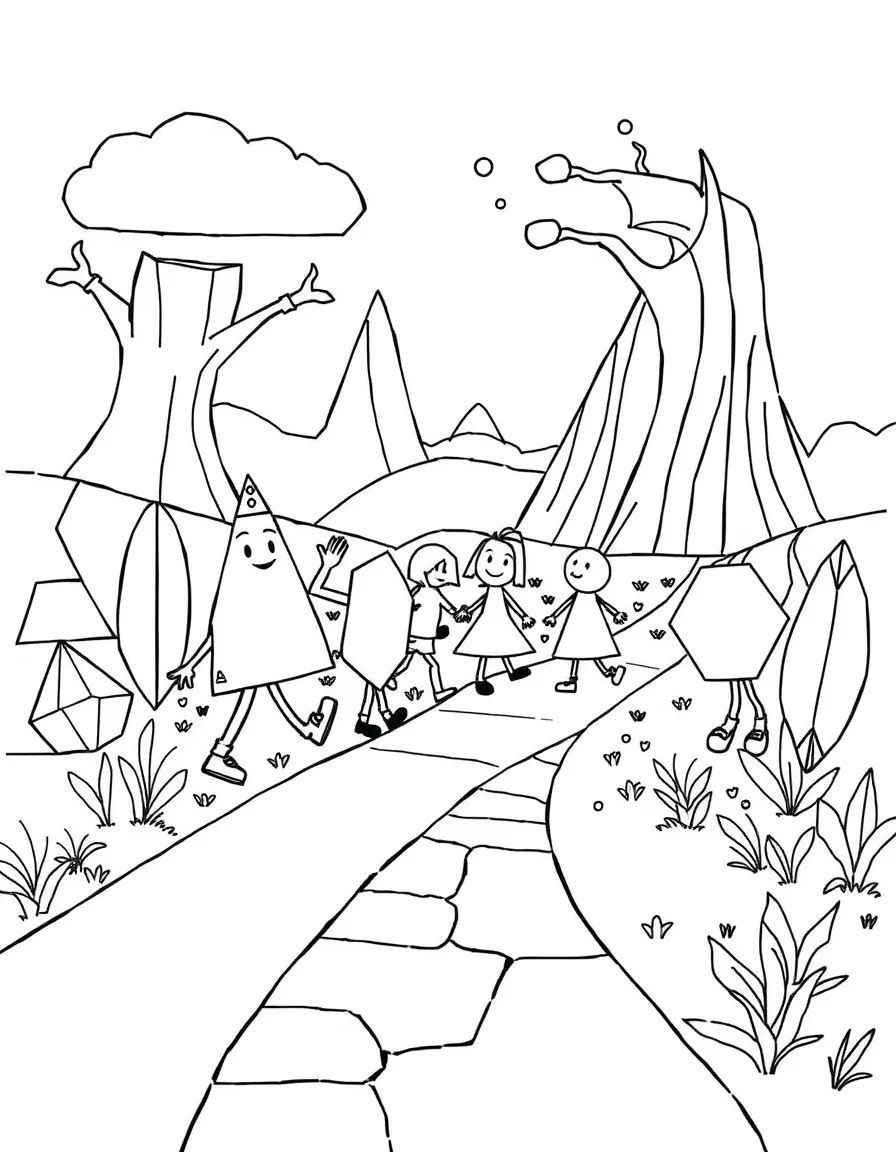 Shape characters following a yellow brick road through a land of geometric wonders