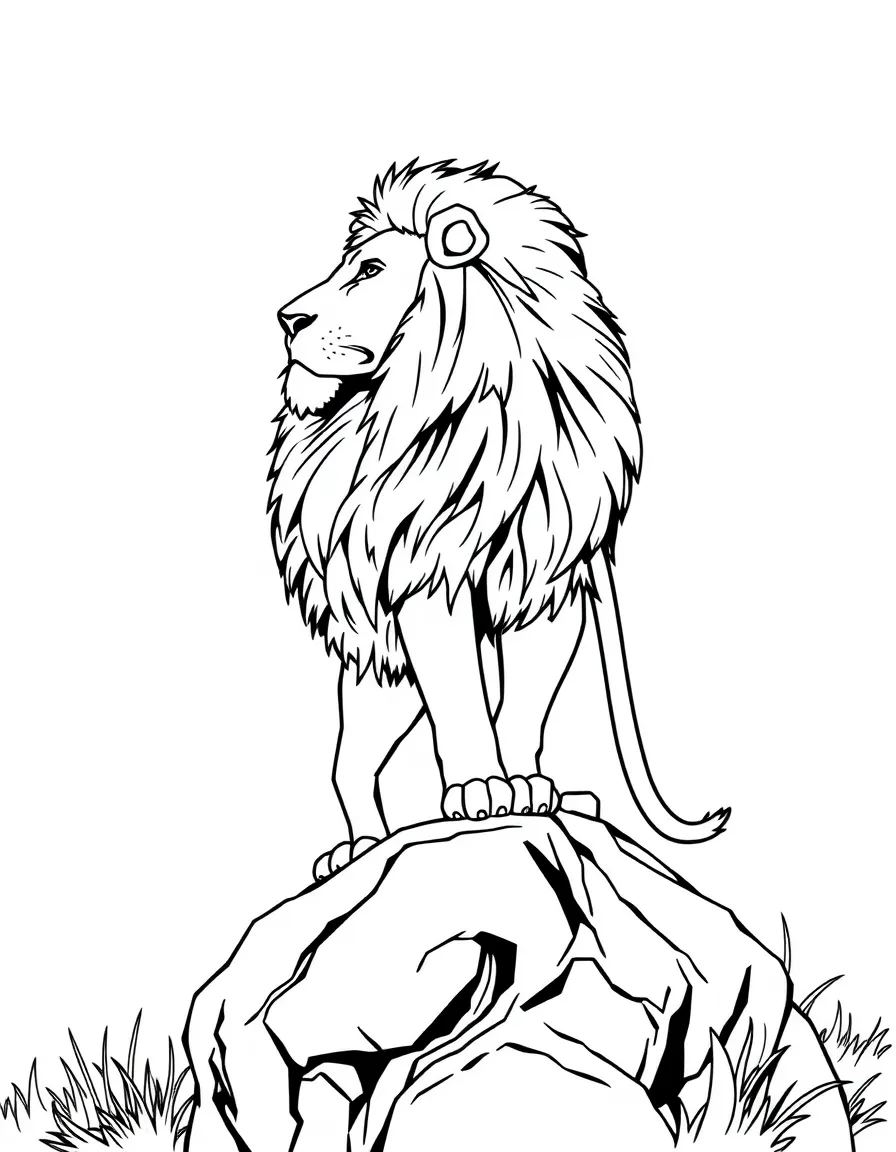 A majestic lion standing on a rock, surveying the savannah.