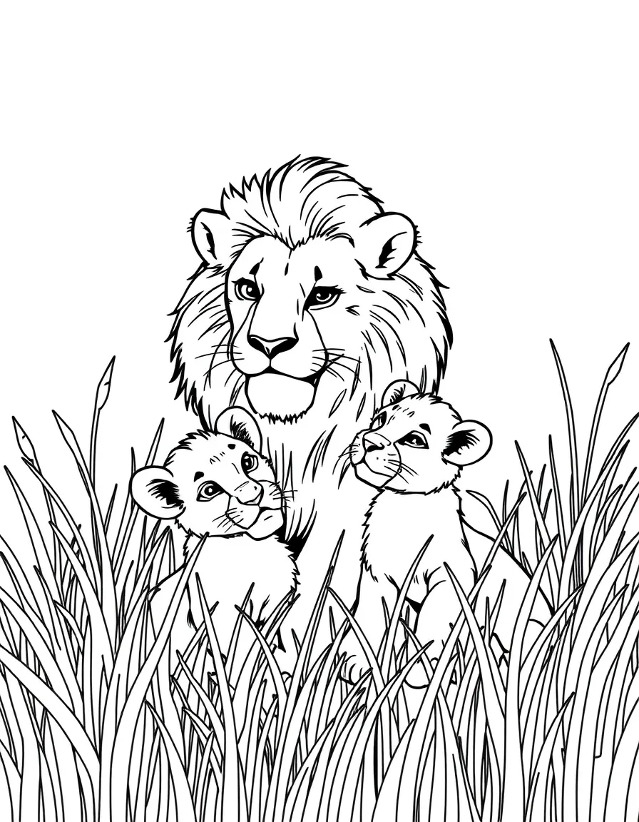 A lioness playing with her cubs in tall grass.