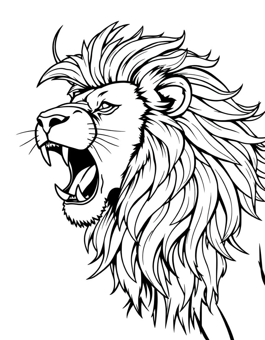 A roaring lion with a detailed mane blowing in the wind.