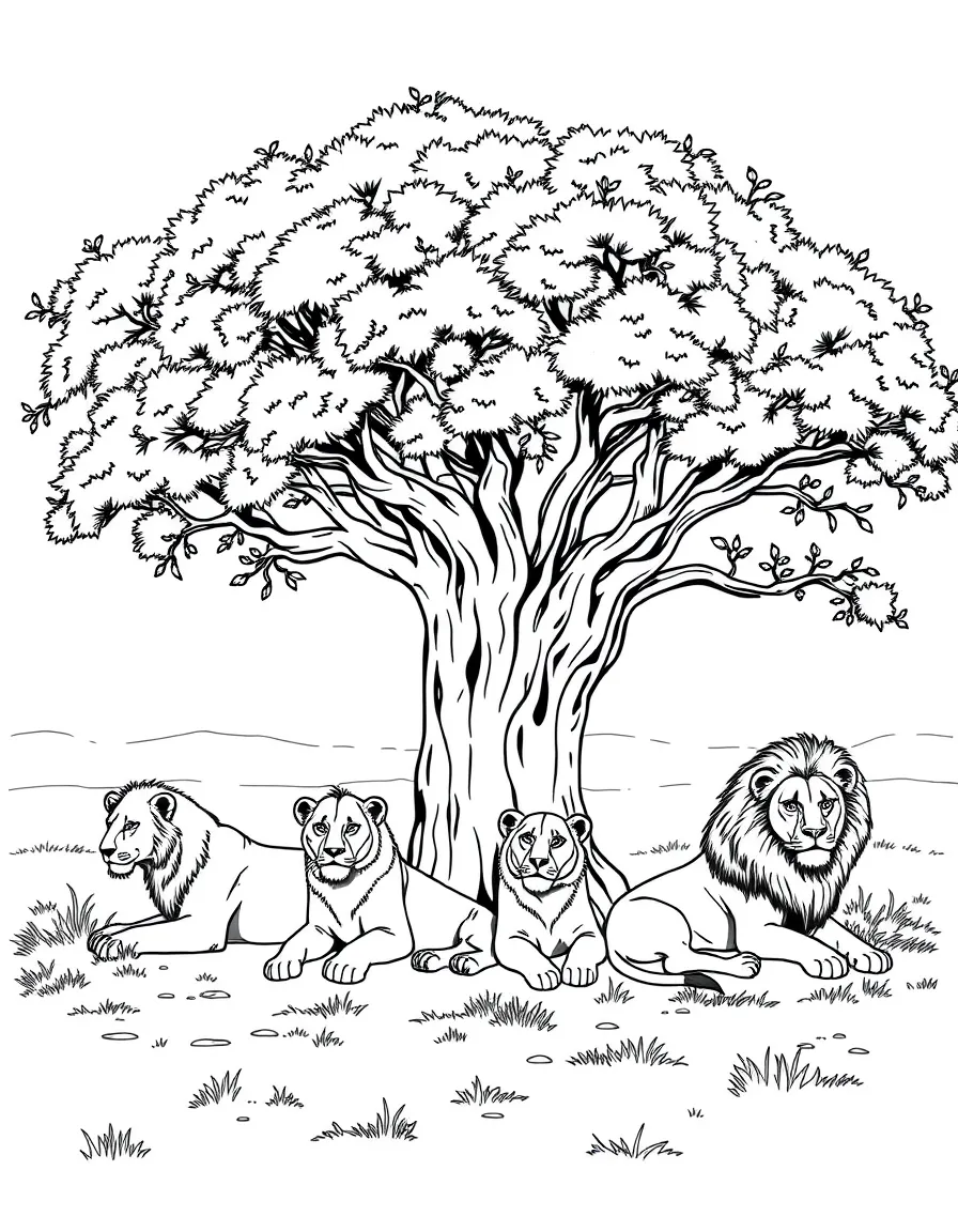 A pride of lions resting under a large acacia tree.