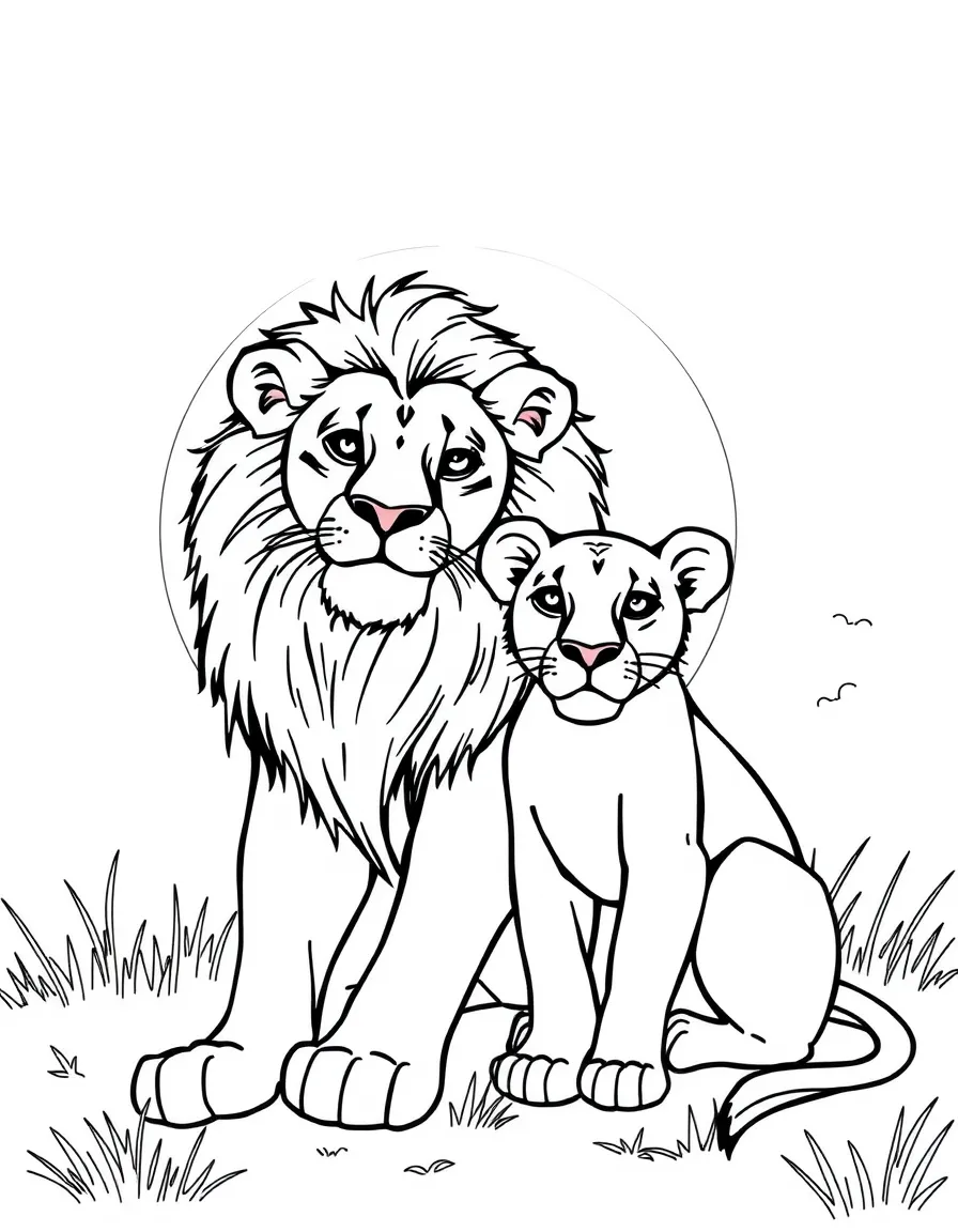 A lion and lioness sitting together at sunset.
