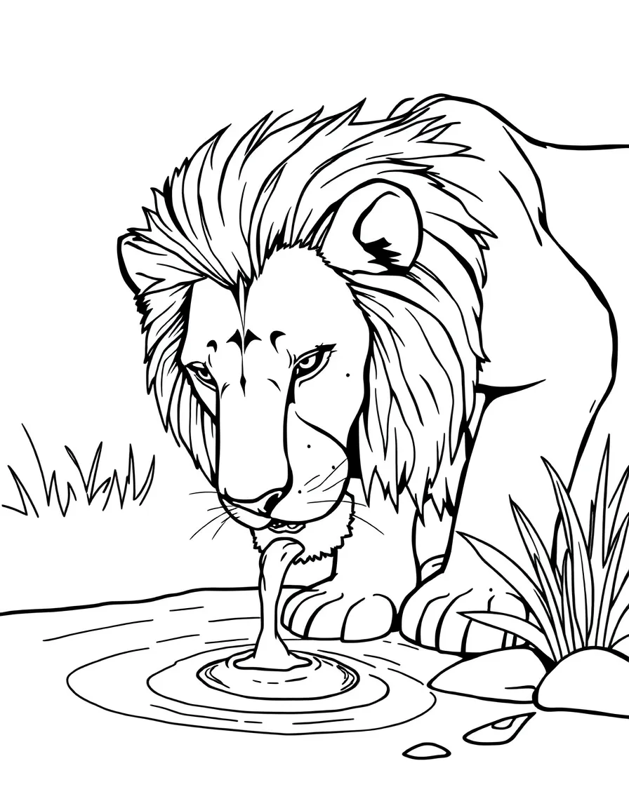 A lion drinking water from a river.