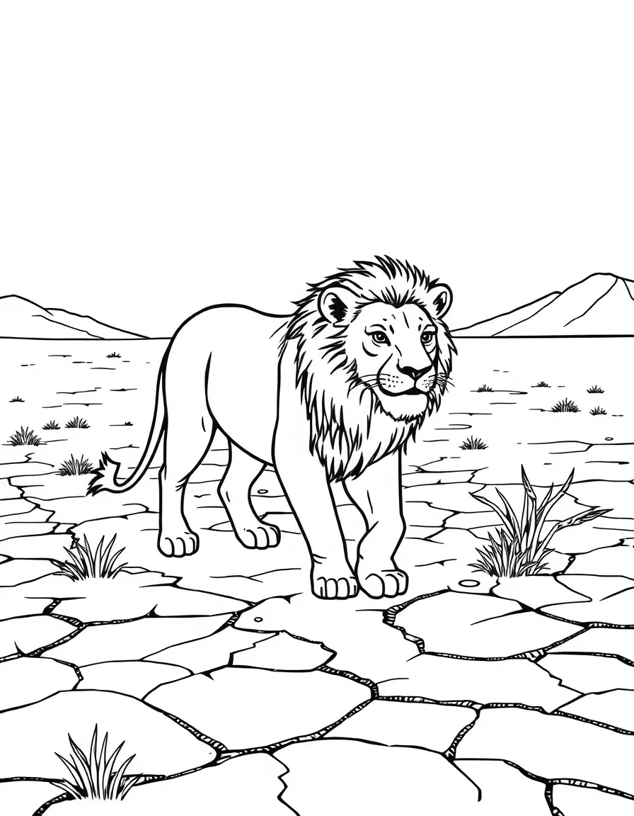 A lion walking through a dry, cracked desert.