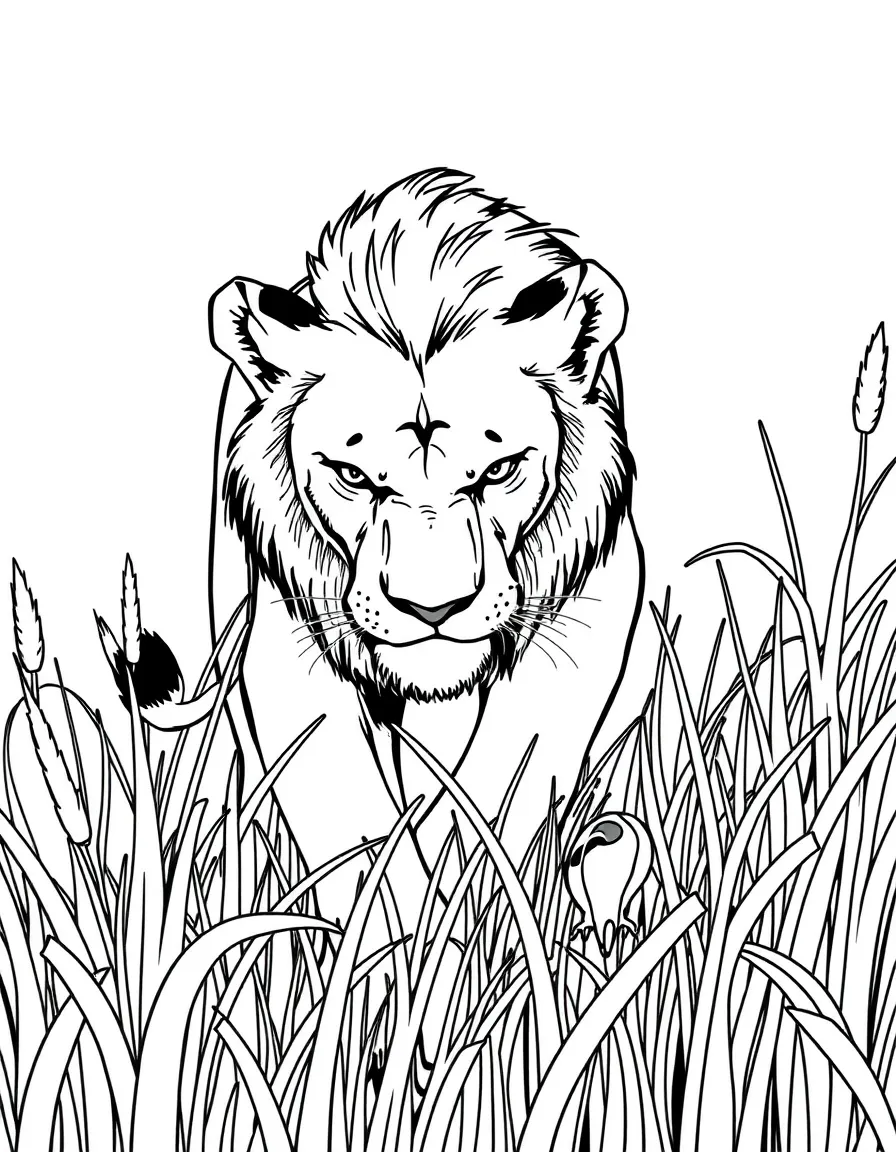 A lioness stalking prey in tall grass.