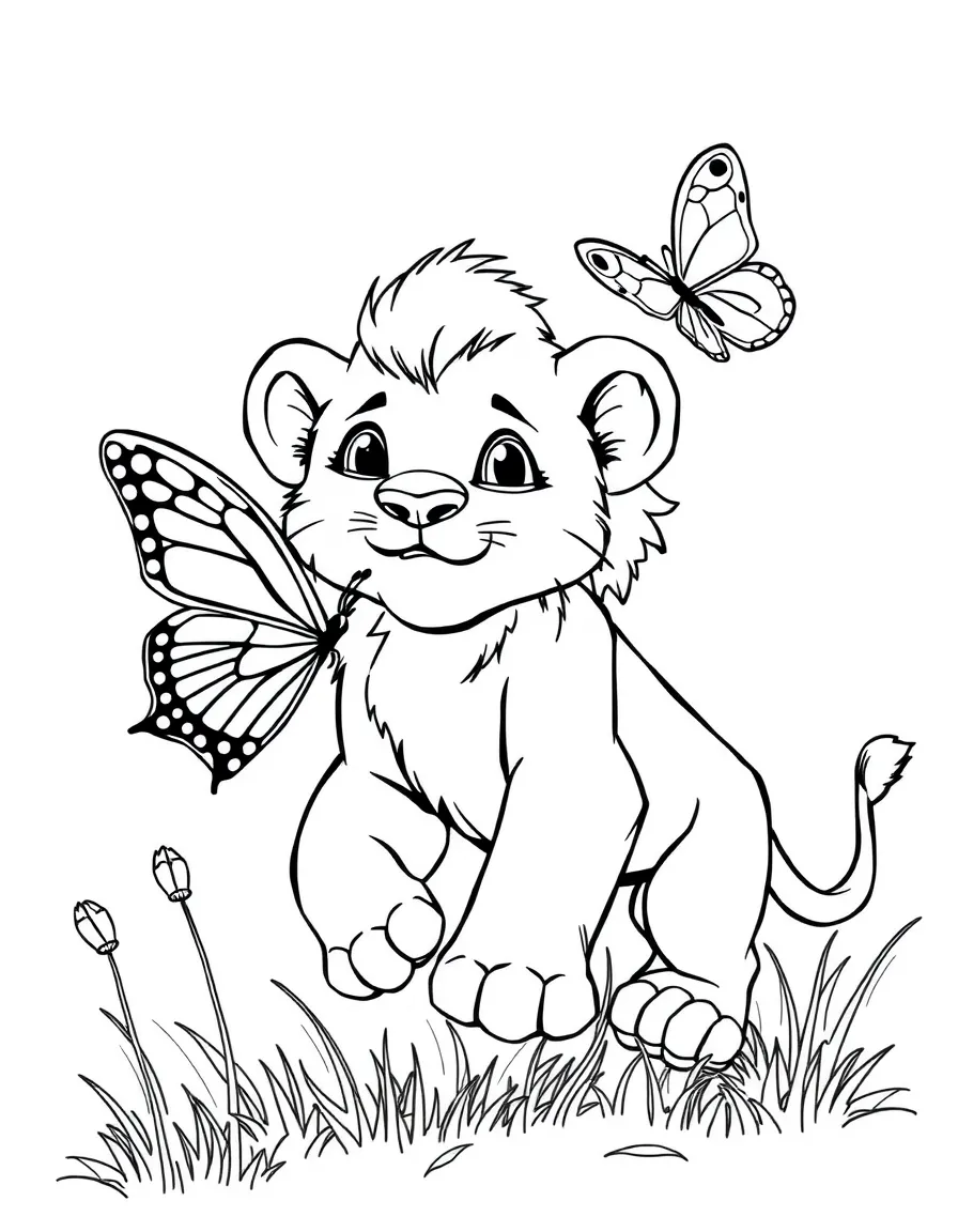 A lion cub chasing a butterfly.