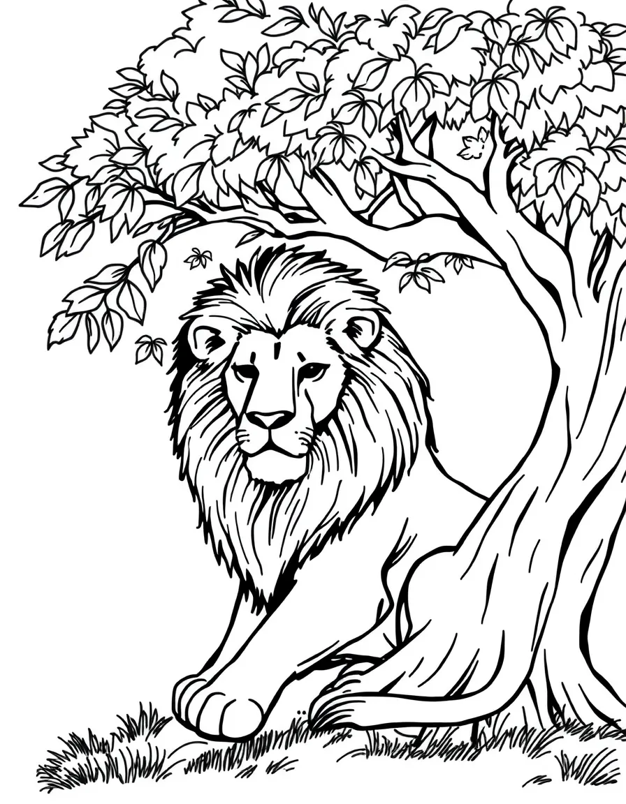 A lion resting in the shade of a tree.