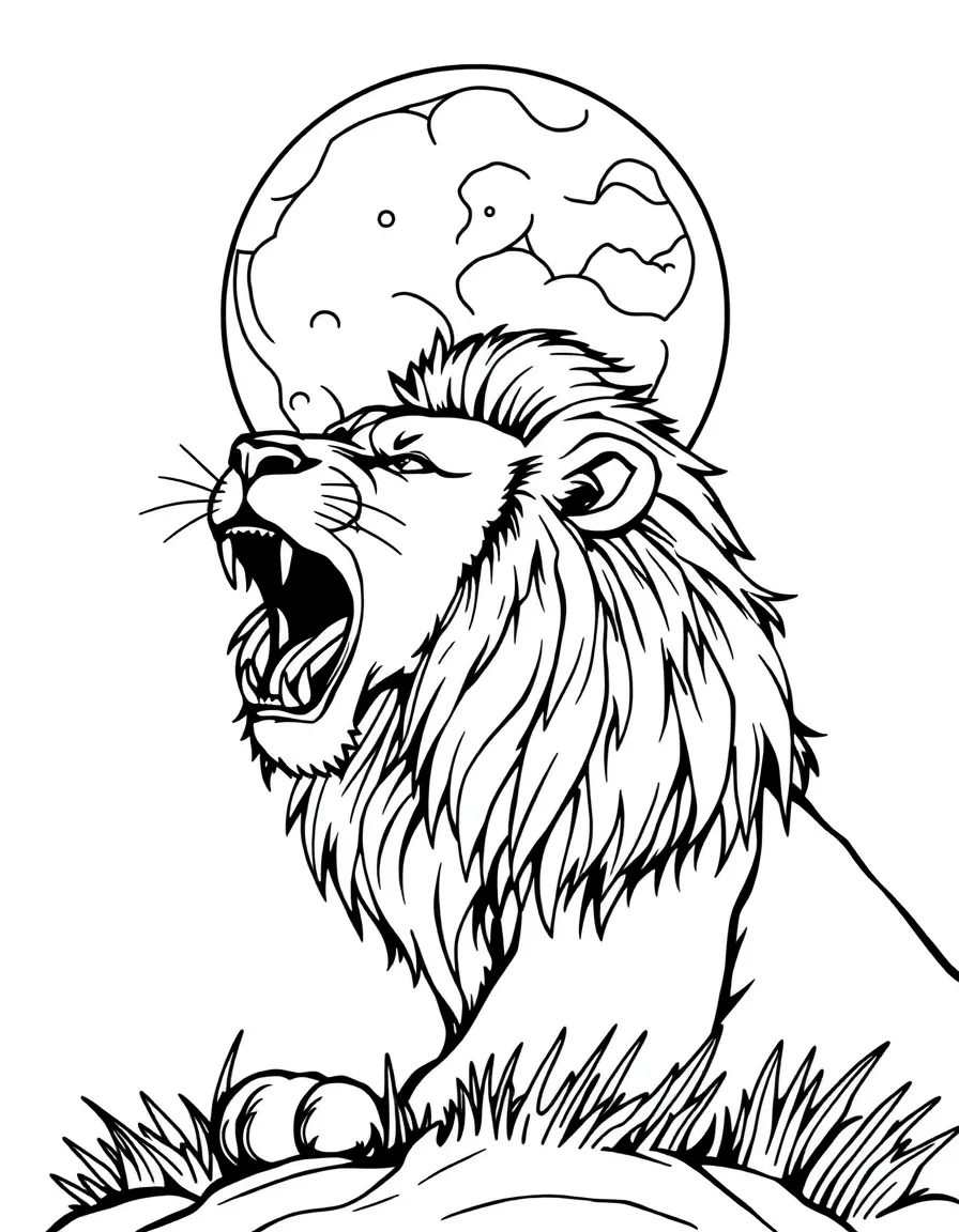 A lion roaring at the full moon.