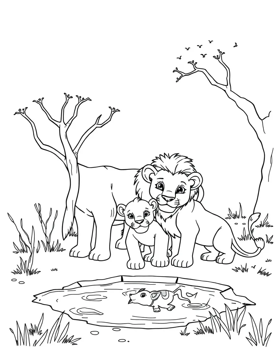 A lion family playing near a watering hole.