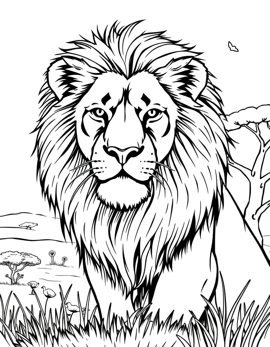 A lion with a detailed savannah background.