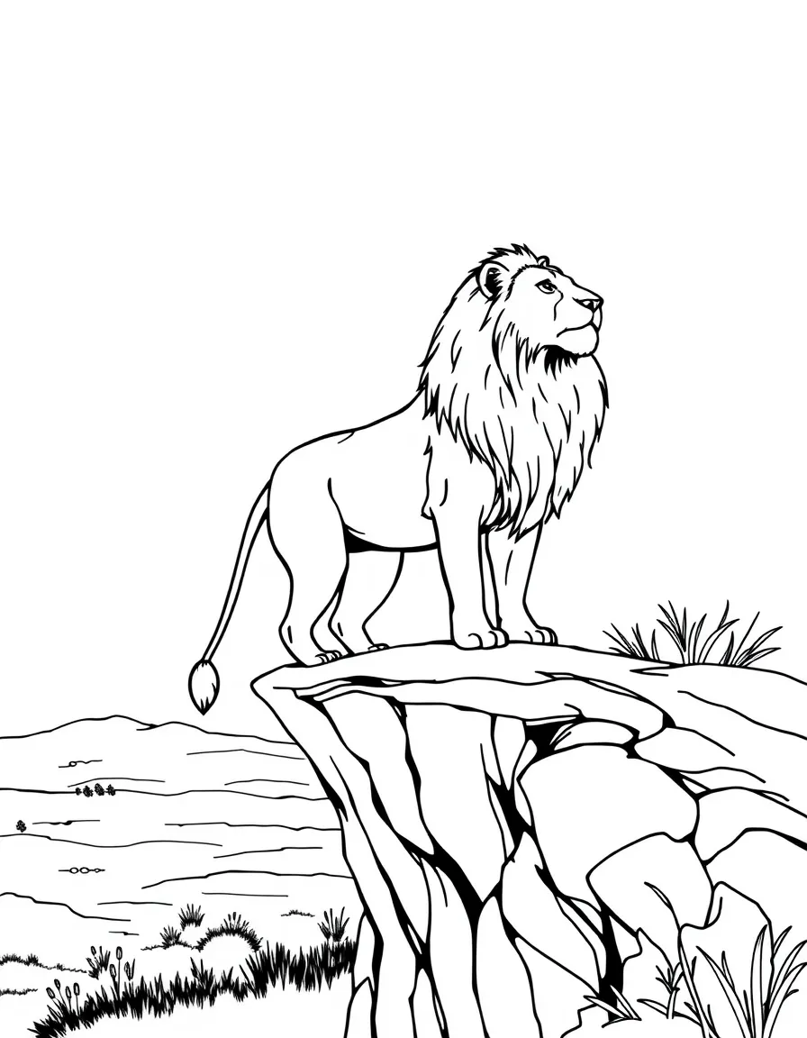 A lion standing on a cliff overlooking the plains.