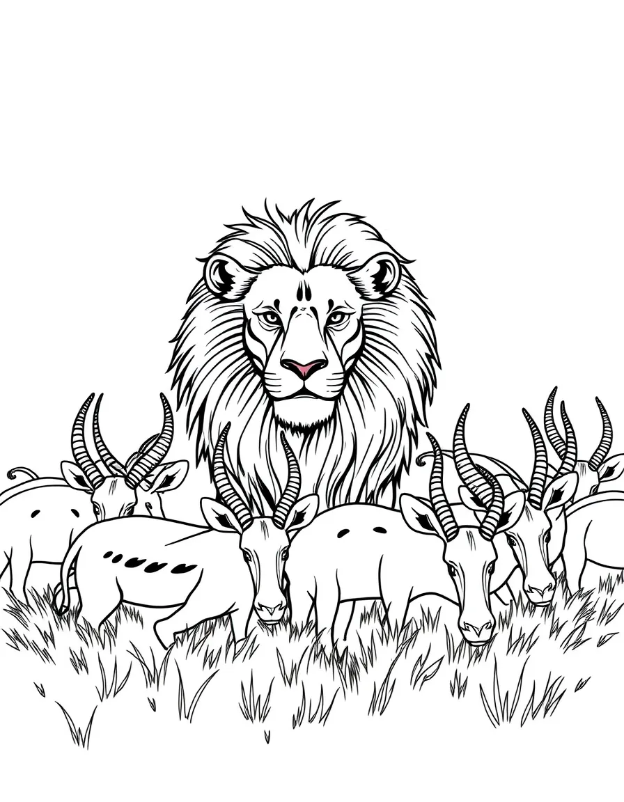 A lion surrounded by a herd of grazing antelopes.