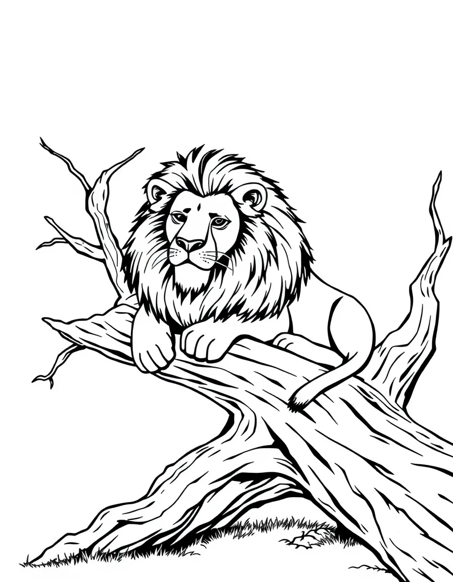 A lion resting on a fallen tree.